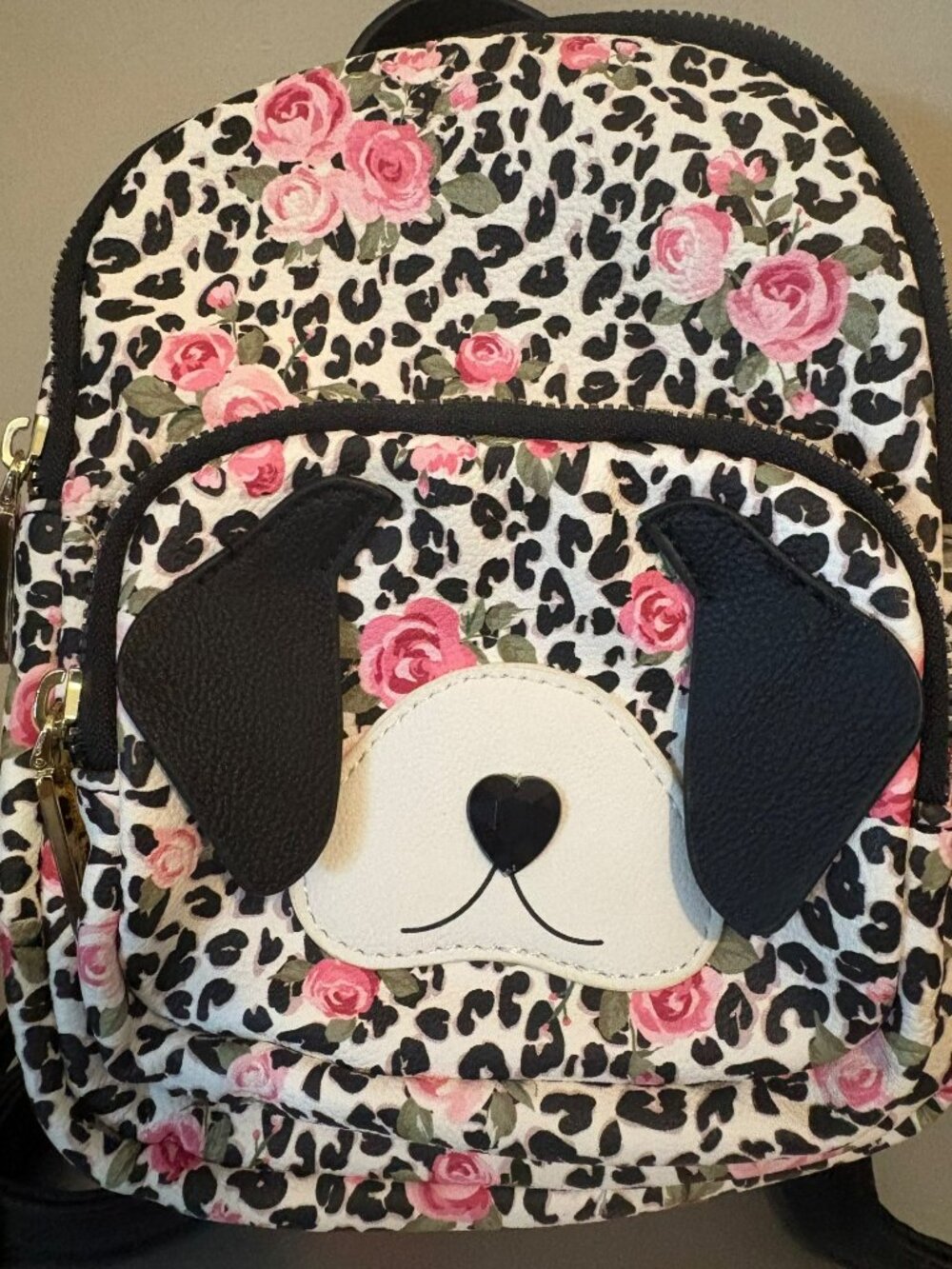 Betsey Johnson Kitsch Puppy Backpack Floral Leopard Print Multi-Color
